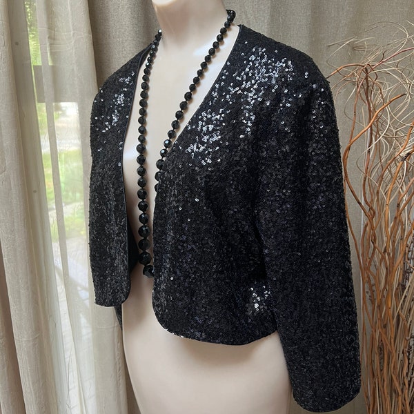 Vintage black sequins short evening bolero L, waist length black sequins dressy jacket L, lined black beaded cropped jacket L