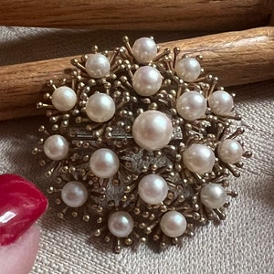 Vintage goldtone pearl burst brooch earrings combo, round domed faux pearls pin, faux pearl dangle clip earrings, round faux pearls pin