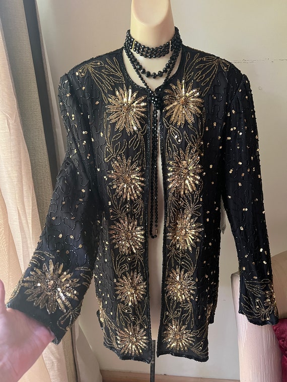Vintage black silk long gold beaded evening jacket