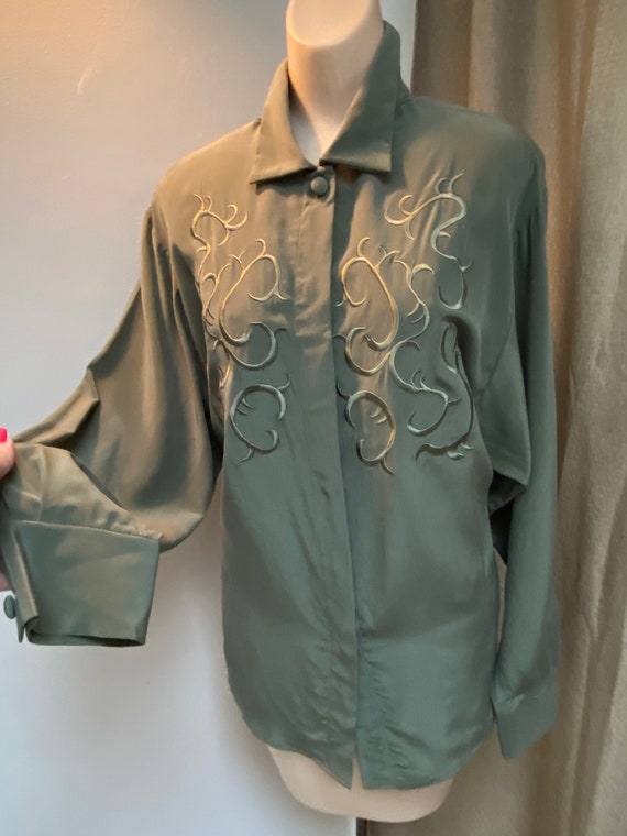 Vintage dusty olive green silk blouse sz 10, anti… - image 1