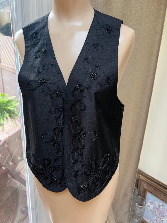 Vintage black shantung silk beaded open front ves… - image 10