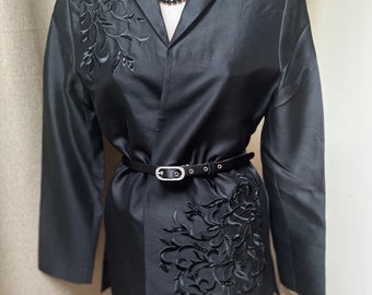 Vintage never worn black silk long evening jacket S, black beaded silk long walking jacket S, Victor Costa black silk long blazer S