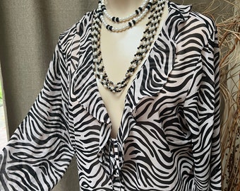 Vintage Victoria's Secret zebra stripe long top M, ruffled neck black white print sleep shirt M, zebra print pool cover, slightly sheer VS