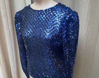 Vintage cobalt blue sapphire sequins disco top S, dark blue sequins long sleeve blouse sz 6, Union label Partique blue sequins blouse S