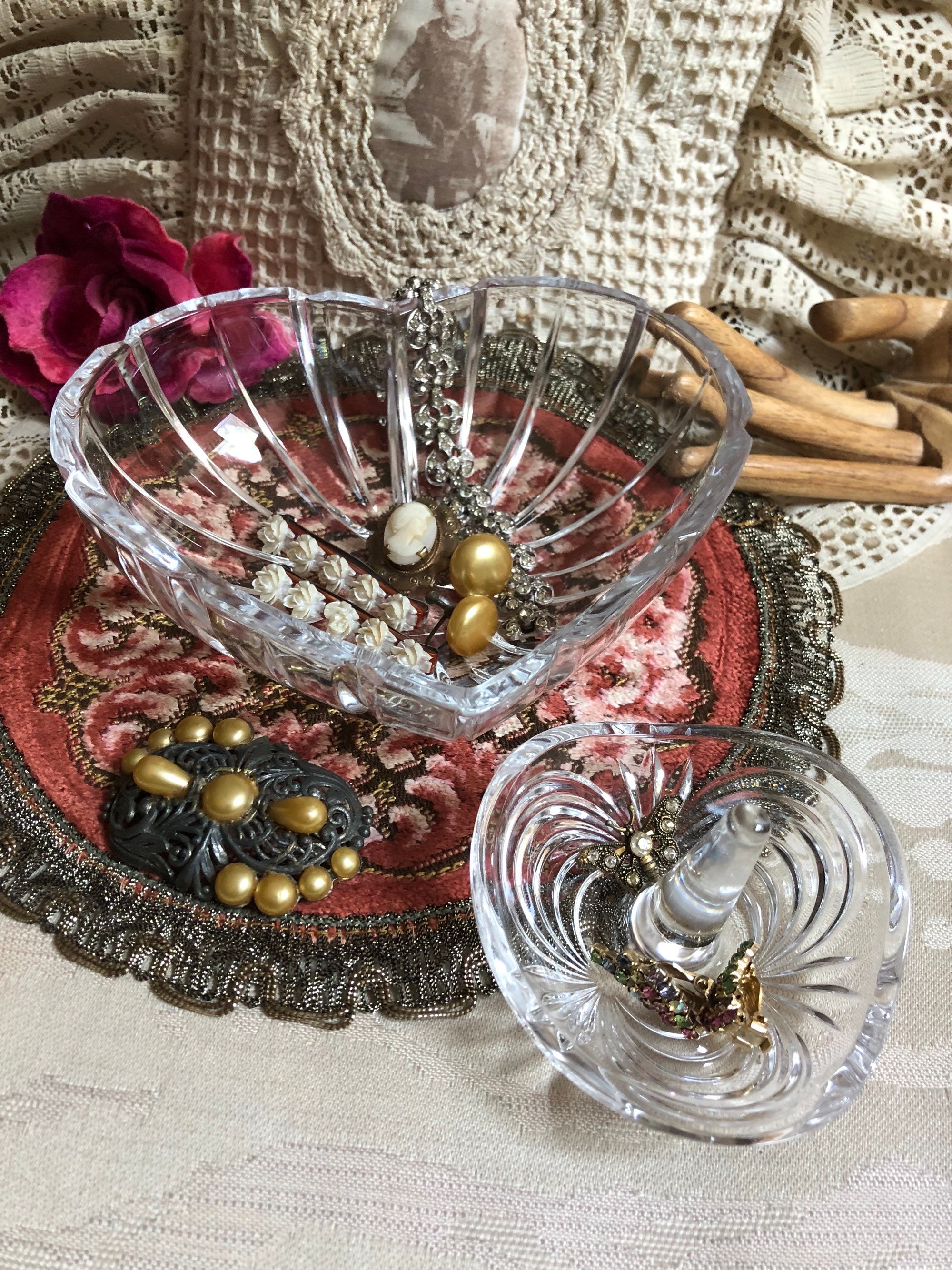 Vintage set of 2 clear crystal vanity jewelry trays heart Etsy