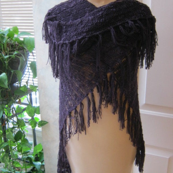 Purple eggplant cotton open weave fringe lightweight poncho wrap  one size