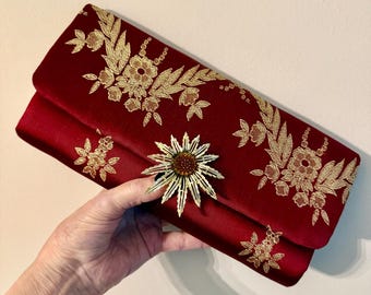 Vintage ruby/gold soft side fabric clutch bag, ruby color silk feel evening bag, ruby/gold thread soft fabric evening bag