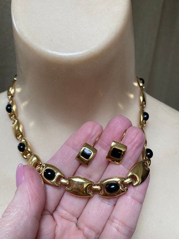 Vintage black gold necklace earrings set, Monet b… - image 10