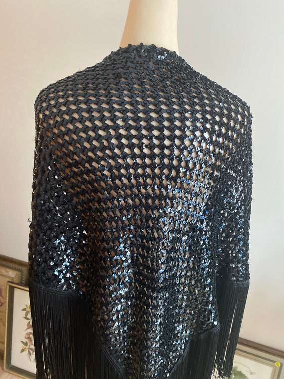 Vintage dramatic black fringed sequined shawl, bl… - image 5