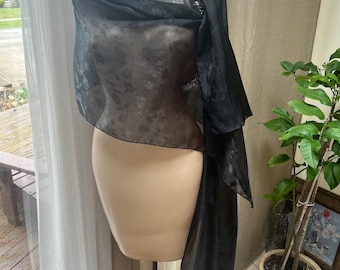 Vintage sheer black embossed Echo shoulder wrap, sheer black prom wrap, Echo shoulder scarf, 76x20" dressy shoulder wrap