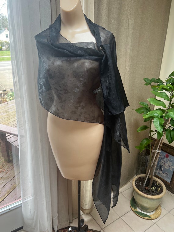 Vintage sheer black embossed Echo shoulder wrap, s