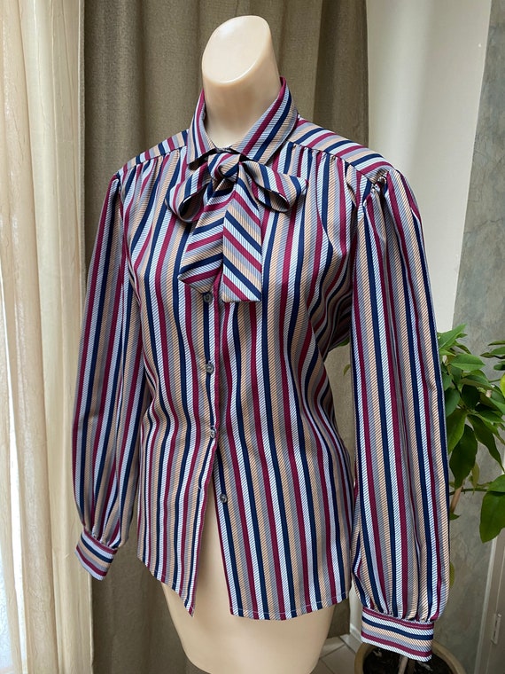 Vintage Koret striped bow neck blouse M, maroon bl