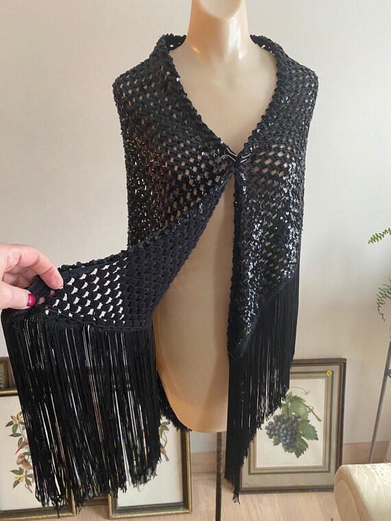 Vintage dramatic black fringed sequined shawl, bl… - image 1