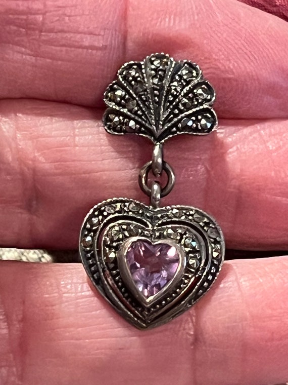 Vintage small sterling marcasite amethyst heart e… - image 6