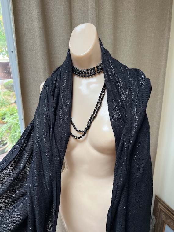 Vintage black woven oversized shawl wrap, tiny gl… - image 1