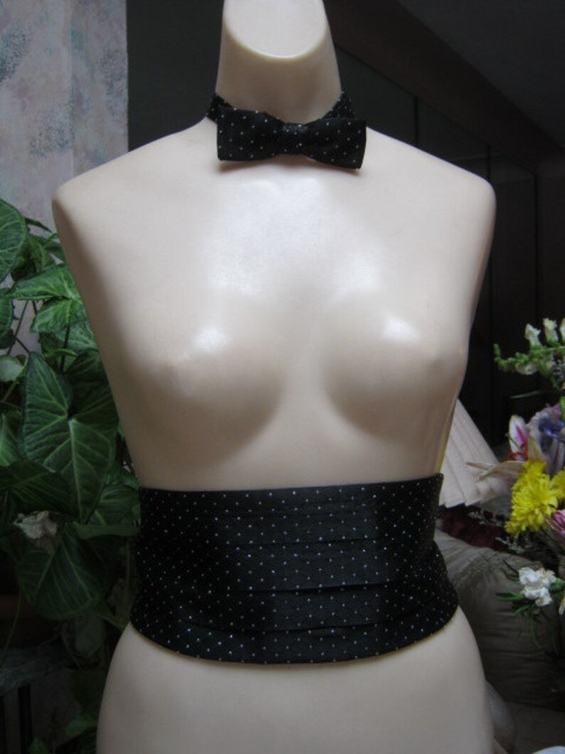 black formal cumberband bow tie with tiny silver detail UNISEX Vintage adjustable black satiny bow tie cumberband set