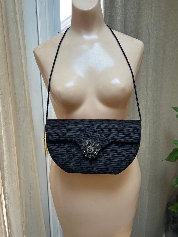 Vintage black pleated shaped satiny purse, La Reg… - image 9