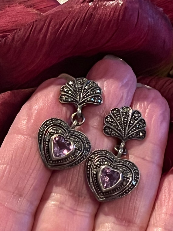 Vintage small sterling marcasite amethyst heart e… - image 2