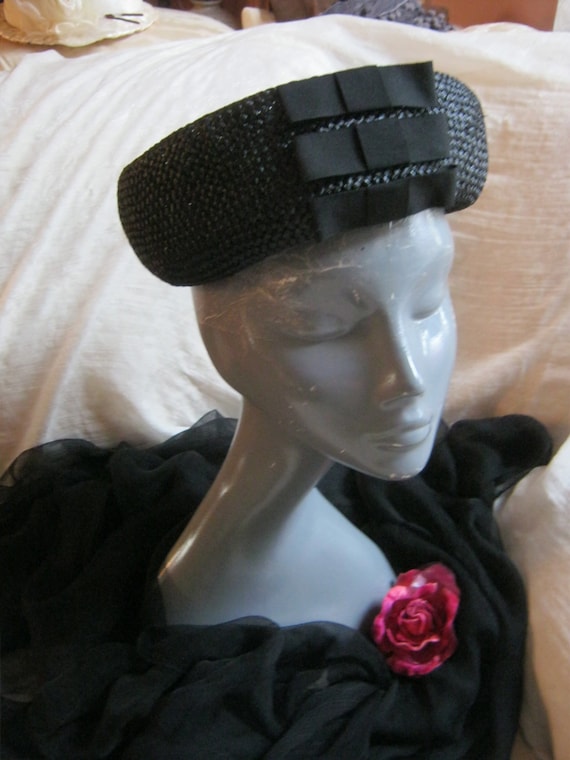 Vintage Black Woven Pillbox Hat Vintage Black Woven Pillbox Hat With Pin, Mr Kurt Original  main image 2