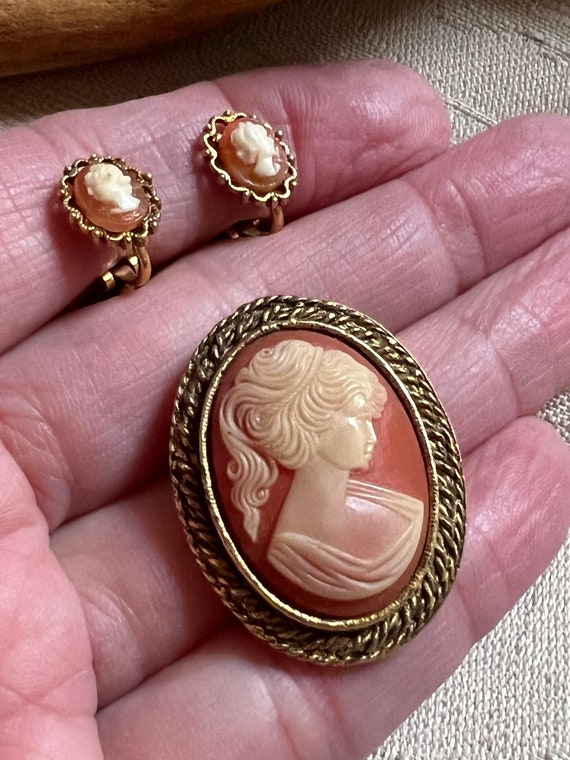 Vintage Peri Cameo Brooch pendant Salmon Colors Etched Frame