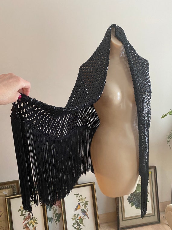 Vintage dramatic black fringed sequined shawl, bl… - image 3