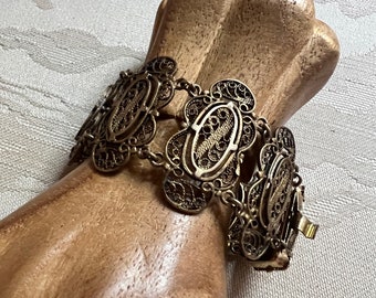 Vintage delicate filigree big links 7" bracelet, brass/brasstone filigree Bali look bracelet 7", dainty filigree bronze metal link bracelet