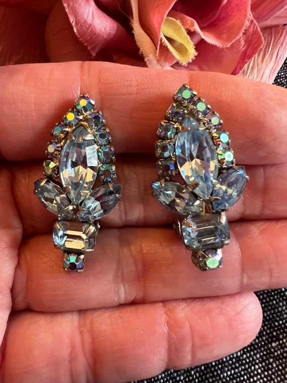 Vintage Weiss AB blue crystal clip earrings, bride