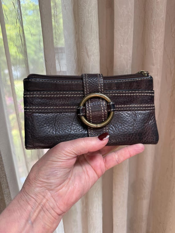 Vintage brown leather Fossil wallet/clutch, multi pocket/slots Fossil wallet, Fossil phone wallet, pebbled brown leather Fossil wallet