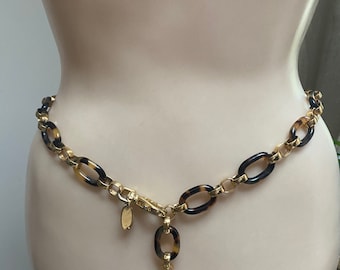 Vintage Mod tortoise celluloid link gold chain belt, adjustable tortoise shell lucite gold links belt, chain belt, Mod belts, tortoise links