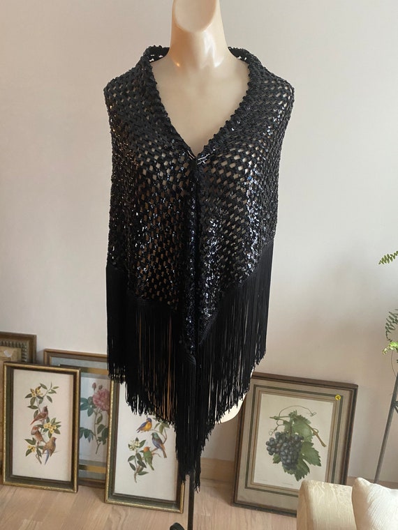 Vintage dramatic black fringed sequined shawl, bl… - image 6