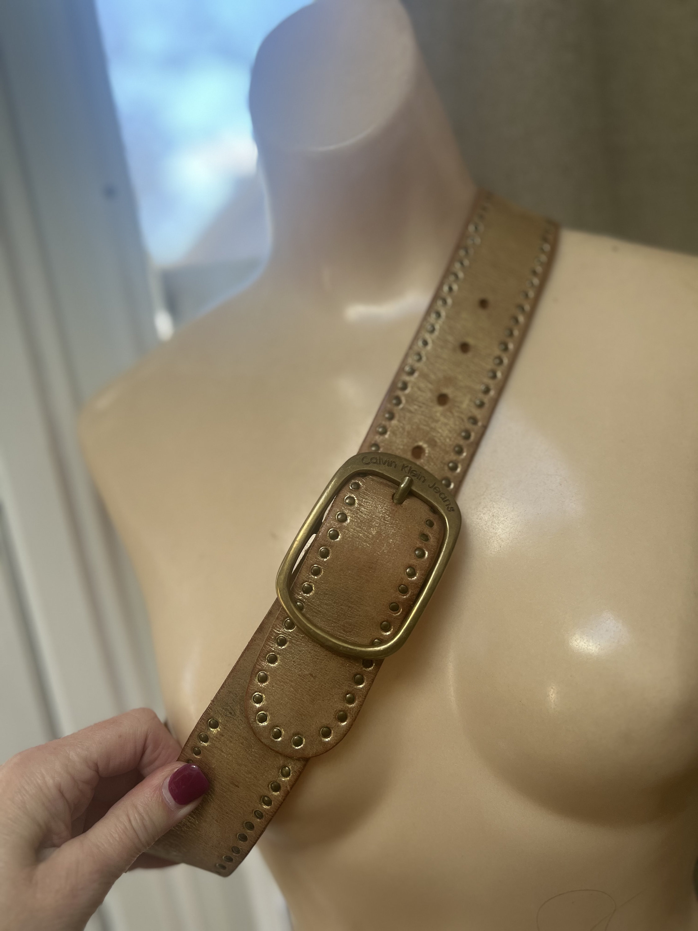 Vintage Calvin Klein Rubbed Gold Leather Wide Belt M, Calvin 