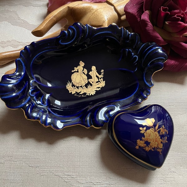 Vintage blue gold Limoges trinket dish, Limoges courting scene blue vanity dish, Limoges France 22k heart shape trinket box, 2 piece Limoges