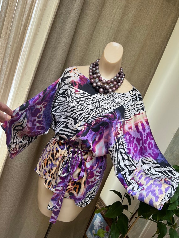 Vintage abstract purple grey print silk blouse S, 