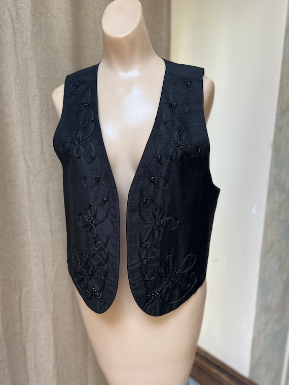 Vintage black shantung silk beaded open front ves… - image 6