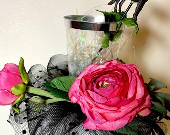 Ladies black Kentucky Derby Fascinator – Pink Roses, Mint Julep Horse Racing Accessory