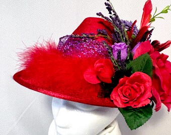 Womens Hat Big Brim Red & Purple Rose /rhinestone/ Red  display picture 3