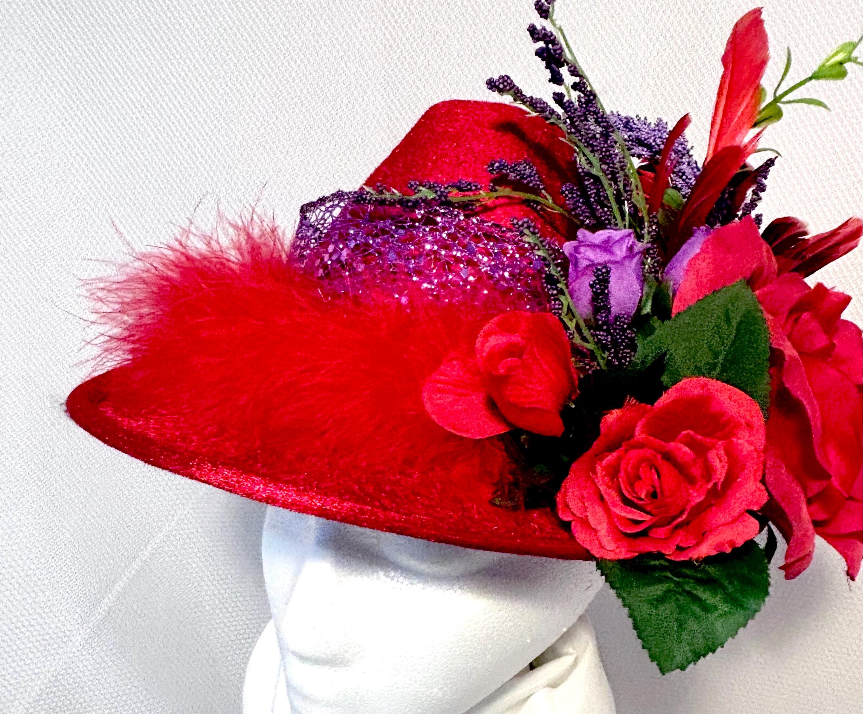 SPECTACULAR RED HAT society Kentucky Derby Hat With Purple Trim And Red Flower Photo gallery: Fun and extravagant Kentucky Derby hats  main image 3