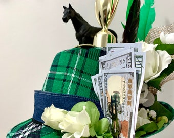 Men's Kentucky Derby Hat – Green Plaid Fedora with Horse, Trophy, Roses