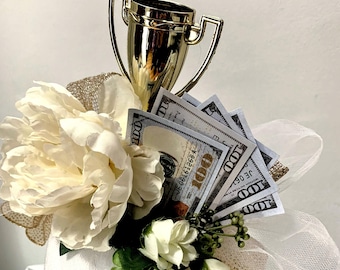 Kentucky Derby Fascinator – "The Daily Double" - Cream Peony, Gold Cup, Play Money Accessory