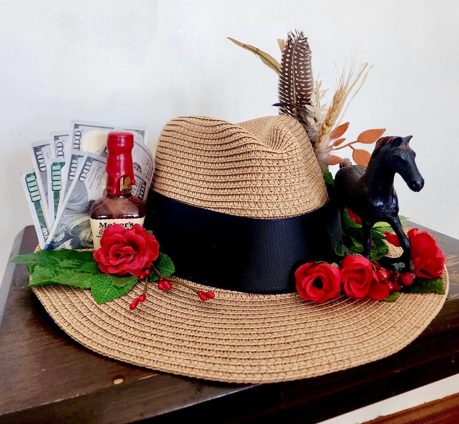 Red Wide Brim Straw Kentucky Derby Church Hat with Floral & Feather Accents Red Wide Brim Kentucky Derby Hat, Royal Ascot Hat, Tea  main image 3