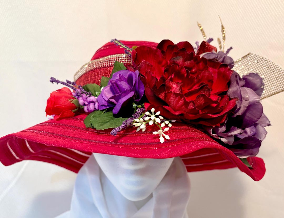 Bollman Red Hat Society Wool Felt Women Purple Flower Satin Bow Derby USA Made Red society hat wool - Gem main image 2