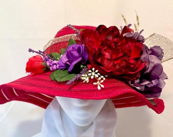 MaryJean Collection Black Straw Hat Red Satin Pink Roses Ostrich Feather Veil Victorian Style Red Black Top Hat Satin Rose Net Feather  main image 4