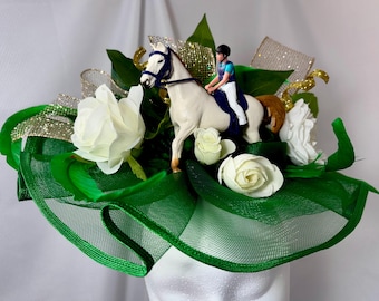 Emerald Green Kentucky Derby Fascinator, White Roses, Jockey Horse Accent - Evergreen Maiden