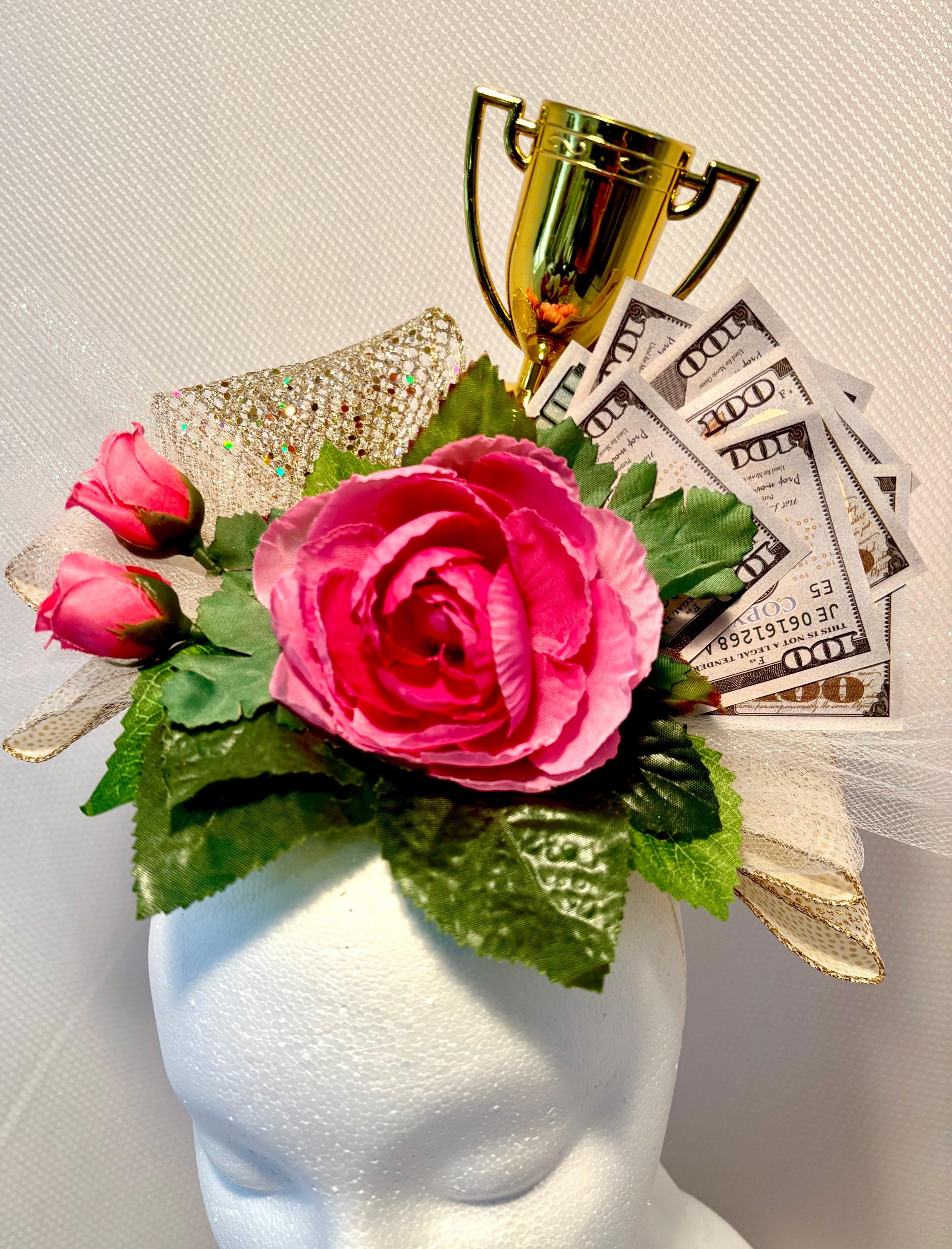 Patty's Payday, Kentucky Derby Fascinator, Pink Roses, Gold Trophy, Cash Detail Headband
