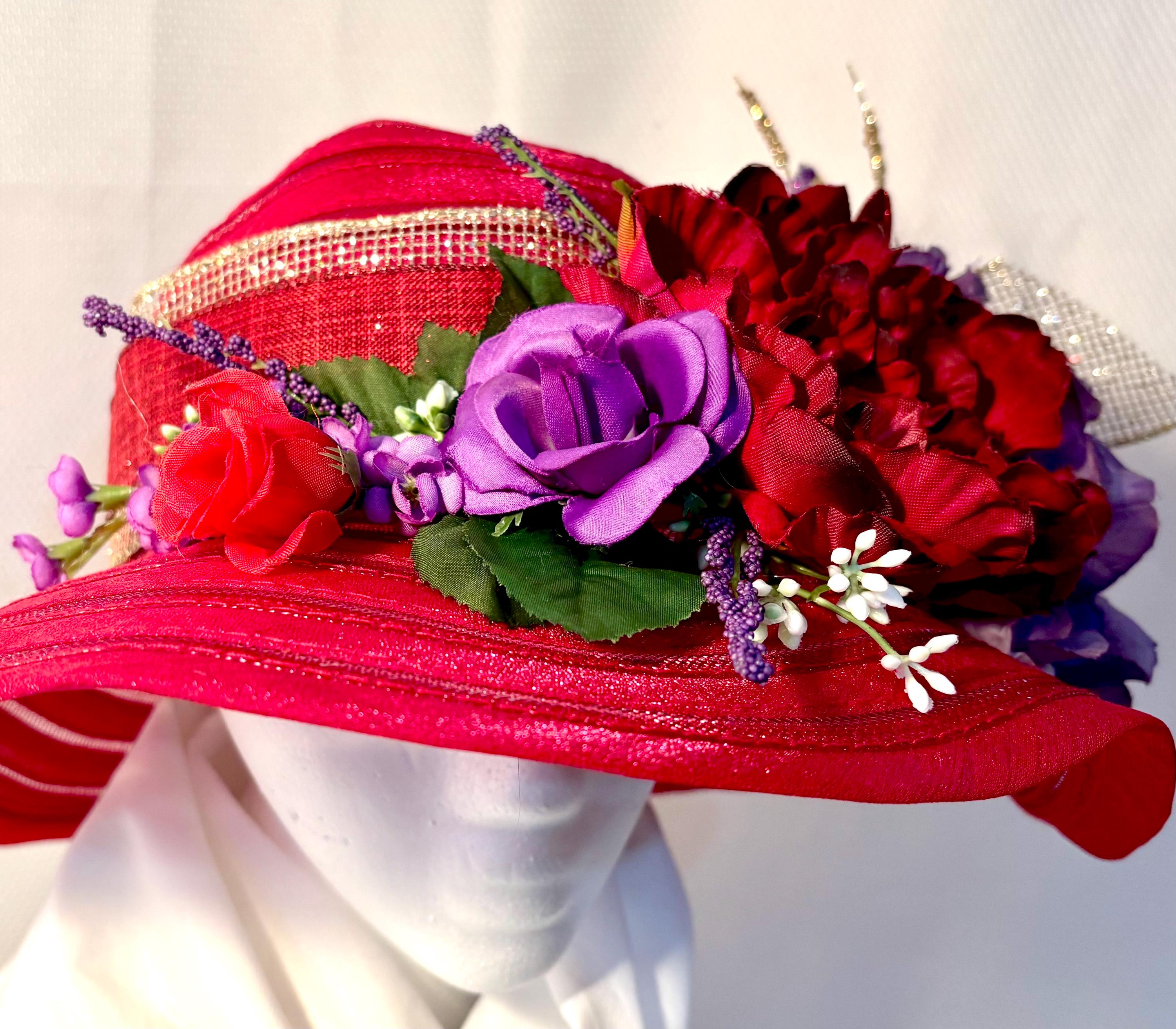 Red Hat with Floral Sequin Accents on it. Vintage Red Floral Hat with Tiny Red and Pink Flowers  main image 3