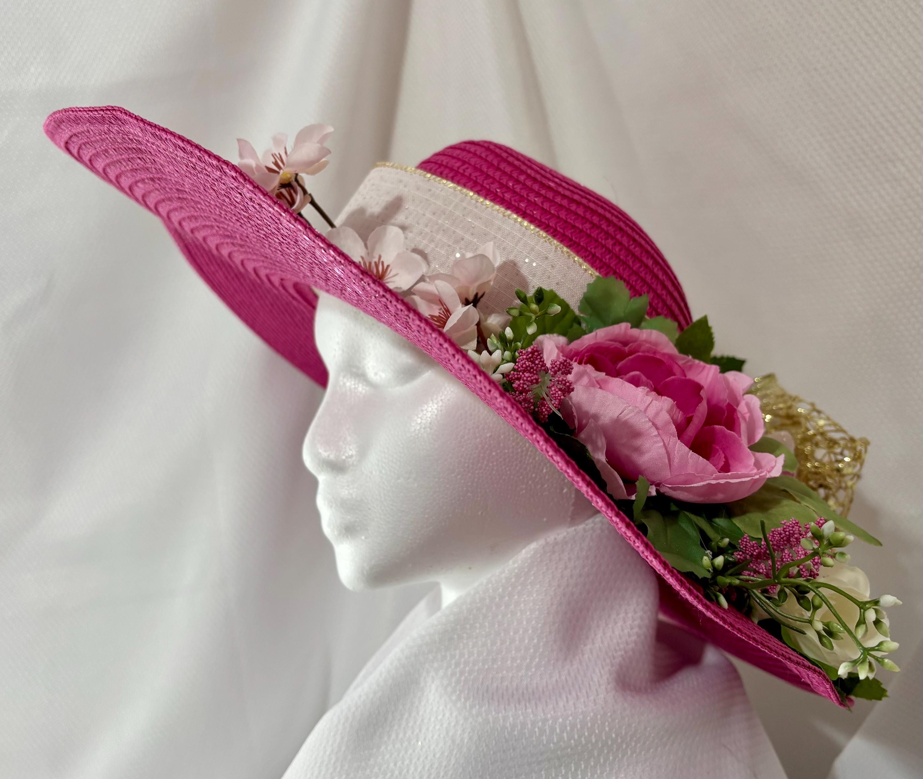Garden Party Derby Hat – Wide Brim Straw with Ivory Peony and Floral Ribbon Wide Brim White Linen Derby Hat with Large Peony Flower  main image 2