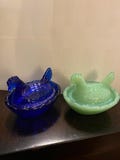 Mini hens on nest salts jadeite and cobalt