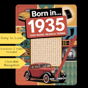 Könnte beinhalten: Ein Wortsuchrätsel im Vintage-Stil mit dem Text "Born in... 1935" und "1200 WORD SEARCH TERMS". Das Design umfasst Illustrationen von Oldtimern, Filmrollen und einem Bleistift. Das Puzzle hat den Text "Easy to Load", "Solutions & Index Included" und "Clickable Navigation".