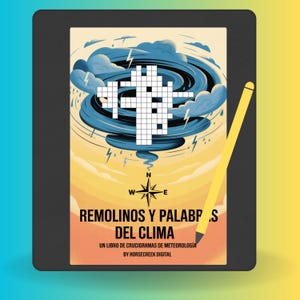 Op de afbeelding: Een digitale tablet met de boekomslag "REMOLINOS Y PALABRAS DEL CLIMA". De omslag toont een kruiswoordpuzzel, een kompasroos en een wervelende stormafbeelding. Een gele potlood ligt op de tablet.