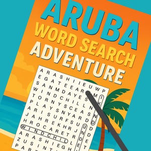 May include: A vibrant word search puzzle with an Aruba theme. The title "ARUBA WORD SEARCH ADVENTURE" is prominently displayed. The puzzle grid contains words related to Aruba, with a pencil highlighting a found word.
